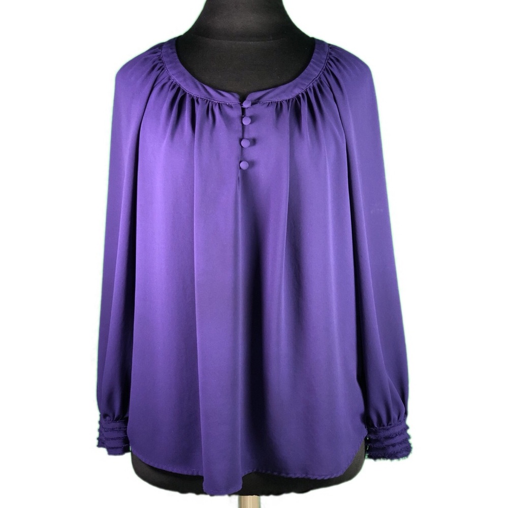 Pleione Collarless Fringed Cuff Purple Blouse - Small